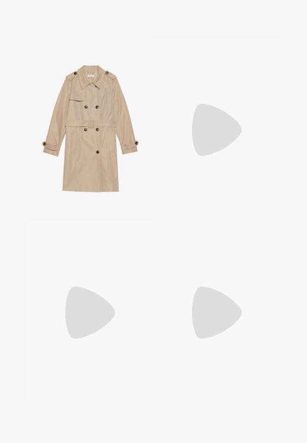 Beige trench coat valmistatud siledast kangast, kahekordse nööpidega disain, suured nööbid, vöö ja klapitaskud.; Harmaa collegepaita, jossa on puolivetoketju kauluksessa, ribbireunat hihansuissa ja pieni brodeerattu logo rinnassa. Pehmeä puuvillasekoitekangas.; Mustat minihameet pehmeästä kankaasta, tiukka muotoilu, sivussa on pieni halkio lisäyksinä.; Beige lenkkarit, joissa on verkko- ja mokkanahkamateriaaleja. Varustettu mustalla logolla ja teksturoiduilla yksityiskohdilla. Paksu valkoinen välikeen ja musta kumipohja.; Valkoinen nahkainen käsilaukku, jossa on kultainen suljin, mustat yksityiskohdat, irrotettava olkahihna ja jämäkkä rakenne, jossa on läppä suljenta.