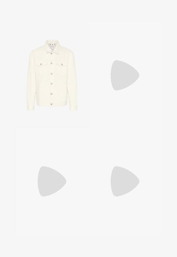 Jachetă din denim albă cu guler, închidere frontală cu nasturi și două buzunare la piept. Textură netedă, mâneci lungi și accente din metal argintiu.; Tricou de culoare crem, cu mânecă scurtă, având o textură subtilă cu dungi și un guler rotund, fabricat dintr-un material ușor.; Jeans din denim bej cu un design drept, care prezintă buzunare frontale, închidere cu buton metalic și o textură subtilă.; Tenisi din suede bej cu vârf rotund, sistem de șireturi în față și un accent texturat în spate. Talpa albă din cauciuc oferă un contrast. Design simplu și modern.