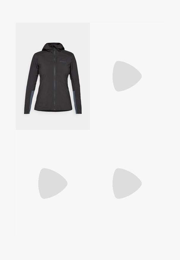 Casaco com capuz preto da Patagonia com fecho na frente e manchas cinzas nos antebraços interiores, exibido sobre um fundo branco.; T-shirt de algodão azul claro com mangas curtas, decote redondo e um pequeno logotipo preto com a inscrição "patagonia" no lado esquerdo do peito.; Calças exteriores pretas com corte reto, apresentando um fecho de botão, bolsos laterais com fecho de correr e um patch do logo na coxa esquerda.; Columbia TERRASTRIDE CRZ - Sapatos de caminhada - shark/black