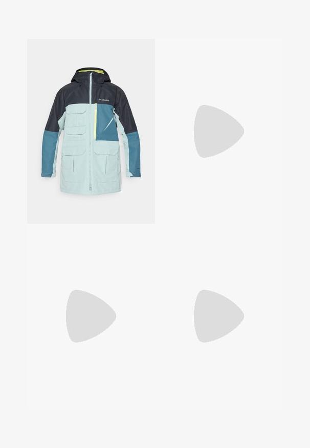 Waterproof jacket in light blue and navy, featuring a hood, multiple front pockets, and a zippered chest pocket with yellow accent.; White athletic t-shirt with short sleeves, made from moisture-wicking fabric. Features a black logo on the left chest and a patterned interior neckline.; Black athletic pants with a stretchy waistband, white side stripes, and a small white logo on the thigh. Made from a smooth, lightweight material.; Black athletic shoes with a textured mesh upper, white accent stripes, a cushioned sole, and a reinforced heel for support.