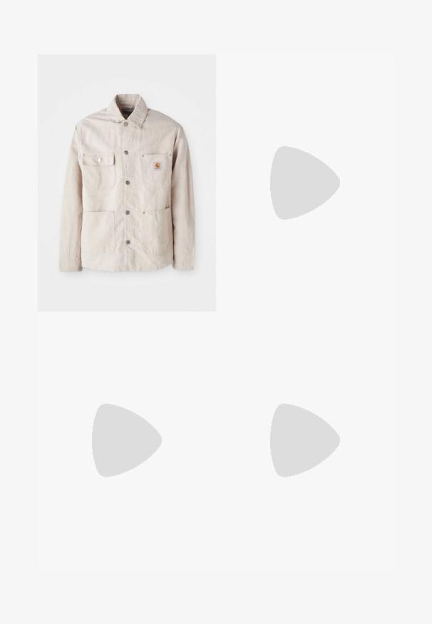 Beige work jacket made of durable fabric, features a snap button front, two chest pockets, and a logo patch on the left pocket.; White cotton T-shirt featuring a black Adidas logo at the center. Short sleeves and a crew neck design. Smooth texture.; White athletic pants with a smooth texture, featuring black curved designs on the sides and a black logo near the waistband.; White and black sneakers with red accents, featuring a suede and leather upper, three black stripes, flat laces, and a textured rubber sole.