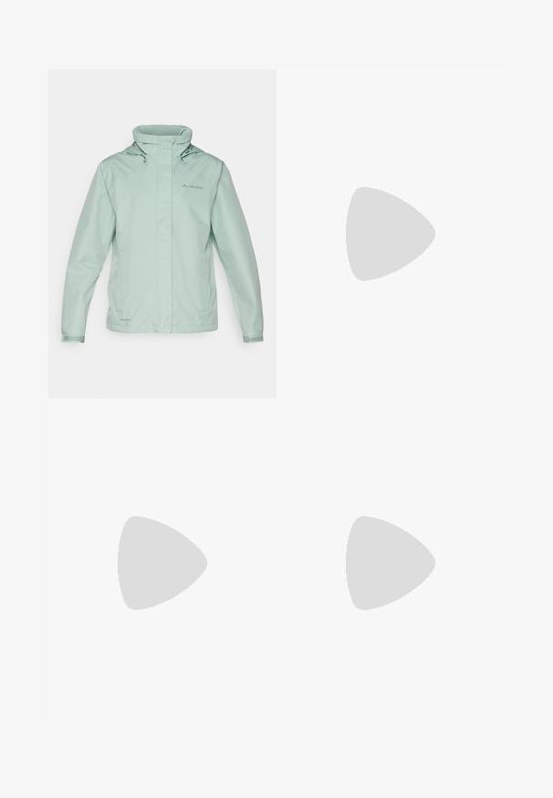 Ljus mintgrön vattentät jacka, med hög krage, justerbar huva och logotyp. Slät yta med elastiska ärmar och framdragkedja.; Långärmad skjorta med lila framdel och vita ärmar. Tillverkad av ett andningsbart material med rundad nederkant och svart krage. Vaude-logotypen synlig.; Mörkgrå shorts gjorda av stretchmaterial. Har två sidofickor med blixtlås, en midja med bältesömmar och förstärkt sömnad.; Sammaa i mocka med tvärgående remmar i ljusbrun färg, med en korkklädd sula och strukturerad gummibotten, som har en platt design och bred passform.; Svarta cykelhandskar gjorda av stretchigt tyg. Funktioner inkluderar vadderade handflator, texturerat grepp och varumärkeslogotyp på handleden med vit text.