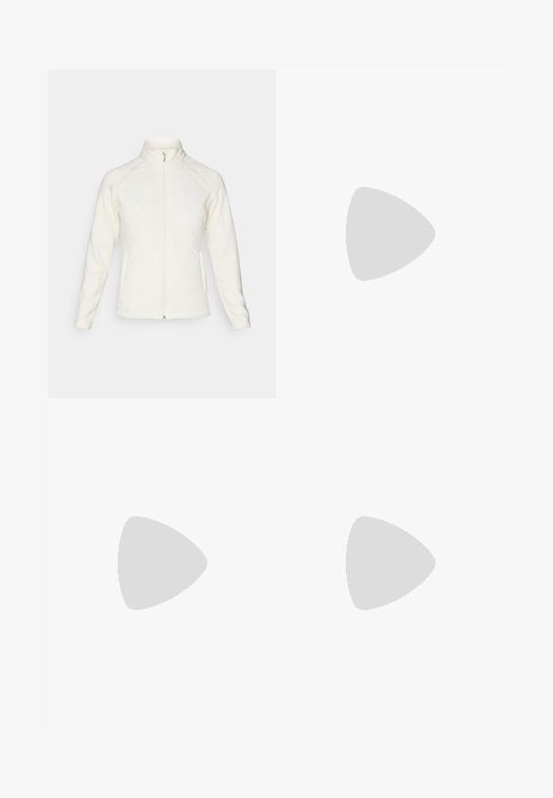 White zip-up jacket with a high collar. Features quilted front panels and ribbed sleeves, offering a textured contrast. Smooth finish overall.; White cotton polo shirt featuring a classic collar, short sleeves, and a navy blue embroidered logo on the left chest. Five-button placket.; Black trousers with a smooth texture, featuring an elastic waistband and slim fit design, suitable for casual or formal wear.; White athletic shoes with a textured mesh upper, silver accents, and a lightweight sole featuring small traction studs, labeled "ULTRA FLIGHT."