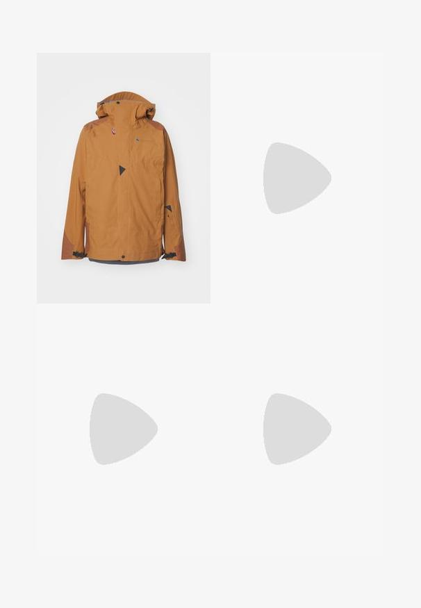 Klättermusen BRAGE JACKET - Ski jacket - mustard; The North Face M L/S SIMPLE DOME TEE - Long sleeved top - medium grey heather; Black outdoor pants with a smooth fabric, side zip pockets, reinforced knee sections, and an adjustable waistband featuring a buckle.; Black and white athletic shoes with mesh upper, textured accents, and white laces. Worn with white ankle socks and navy shorts on a path.