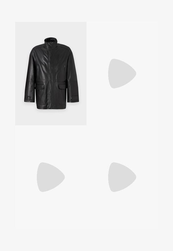 Black leather jacket with high collar, zippered chest pocket, and two front flap pockets. Features a smooth texture and straight-cut design.; Black short-sleeve oversized T-shirt with round neckline and visible Filippa K brand label inside the collar.; Black pleated trousers with a straight, wide-leg design. Made from smooth fabric, featuring a button closure and belt loops.; White low-top sneaker with lace-up front, smooth upper, and rubber sole on plain light background.