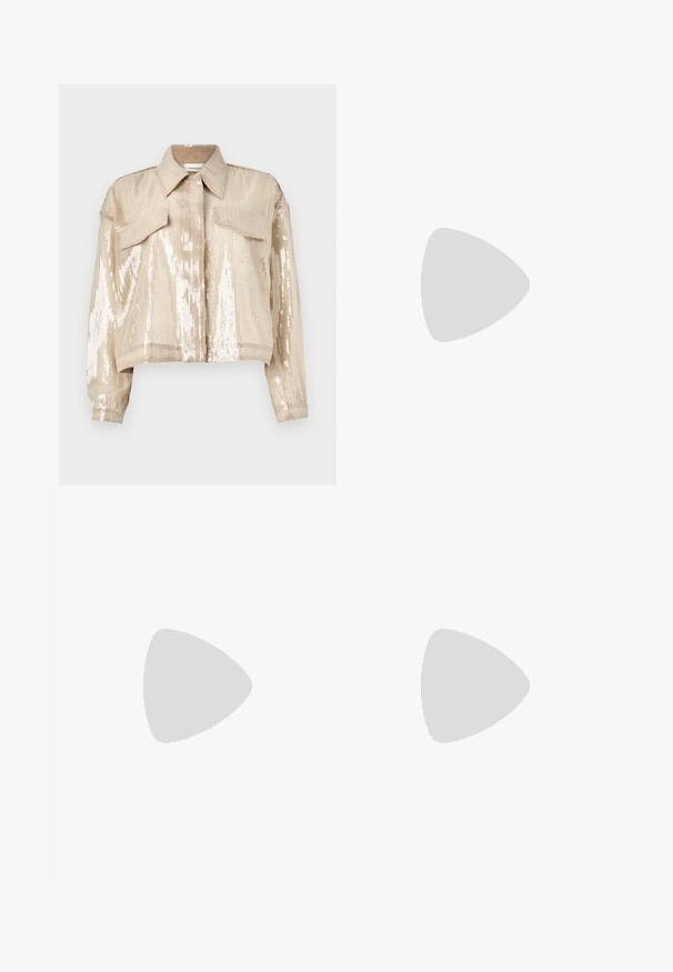 Beige cropped jacket with a sequin finish, featuring a pointed collar, two front pockets, and long sleeves with elastic cuffs.; Yellow long-sleeve collared shirt with front buttons and a patch pocket on the left side, made from smooth, lightweight material.; By Malene Birger RAYE - Mini skirt - dark mahogany; Suede clogs in light olive green with a molded cork and rubber sole. Features a side strap with a metal buckle and a rounded toe.; Gold-tone oval sunglasses with dark lenses, featuring a sleek design, thin arms, and a black accent at the temple. Model number L37.; Brown leather tote bag with double handles, features contrast stitching and a spacious design, suitable for everyday use.