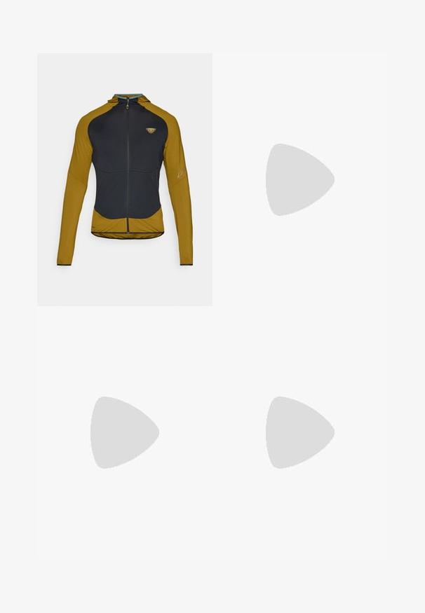 Veste de sport à manches longues avec fermeture éclair, capuche et panneaux contrastés bleu foncé et moutarde, fabriquée en matériau léger et respirant.; T-shirt noir à manches courtes en tissu léger, arborant un logo « TERREX » gris clair sur la poitrine et un col rond.; Pantalons étanches noirs en tissu léger, dotés d'une taille élastique et d'une poche zippée sur le côté. Design simple et ajusté.; Chaussure de trail légère avec une tige en mesh gris et noir, accents orange et une semelle extérieure robuste pour une bonne traction. Doublure imperméable en Gore-Tex.