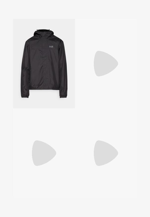 Helly Hansen VANCOUVER FLEECE LINED JACKET - Vízlepergető széldzseki - black; Fekete rövidujjú pamut póló, kerek nyakkivágással, a bal felső mellkason egy kis fehér logóval.; Fekete sportnadrág, könnyű anyagból készült, húzózsinóros derékkal, oldalsó zsebekkel és szűkített szárakkal a bokáknál.; Fekete terepfutó cipő, textúrált felső résszel, gumitalppal és megerősített lábujjrészével. Párnázott bokarésszel és húzófüllel rendelkezik a könnyű felhúzáshoz.