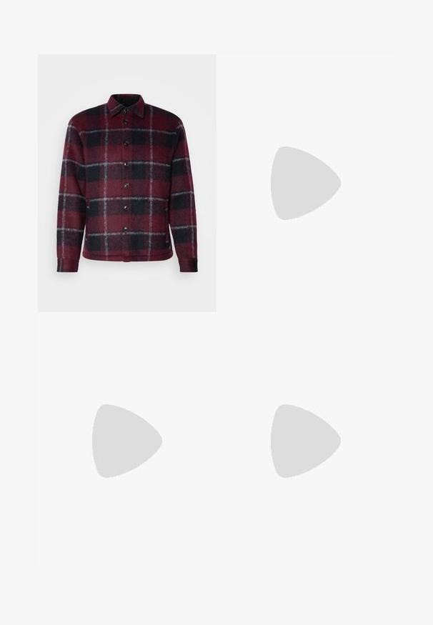 Chaqueta de cuadros roja y negra hecha de tela suave, con un cierre de botones y un diseño con collar. Superficie texturizada con acentos grises.; Dos camisetas de manga corta: una de color negro sólido y otra blanca con rayas verticales negras. Ambas tienen cierre de botones y un cuello clásico.; Pantalones de mezclilla gris claro con un diseño de pierna recta, estilo de cinco bolsillos y cierre de botón. Costuras visibles a lo largo de las costuras.; Mocasines de cuero negro con punta redonda, que cuentan con un diseño cosido, suela de plataforma baja y una suela de goma texturada y con tacos.; Bolsa de deporte negra hecha de material sintético texturizado. Cuenta con dos asas y una correa de hombro ajustable. Diseño sencillo sin patrones visibles.