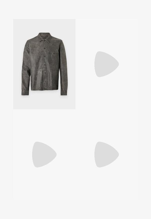 Gray leather jacket with a collared neckline, button closure, single chest pocket, and seam detailing on the front and sleeves.; Black knitted sweater with long sleeves, round ribbed neckline, and a straight cut. Smooth texture with no visible patterns or accents.; Gray cotton blend trousers with a straight-leg design, featuring a front button closure, belt loops, and side pockets.; Black leather slip-on loafers with a textured finish and a contrasting beige rubber sole. Features a subtle accent along the front.