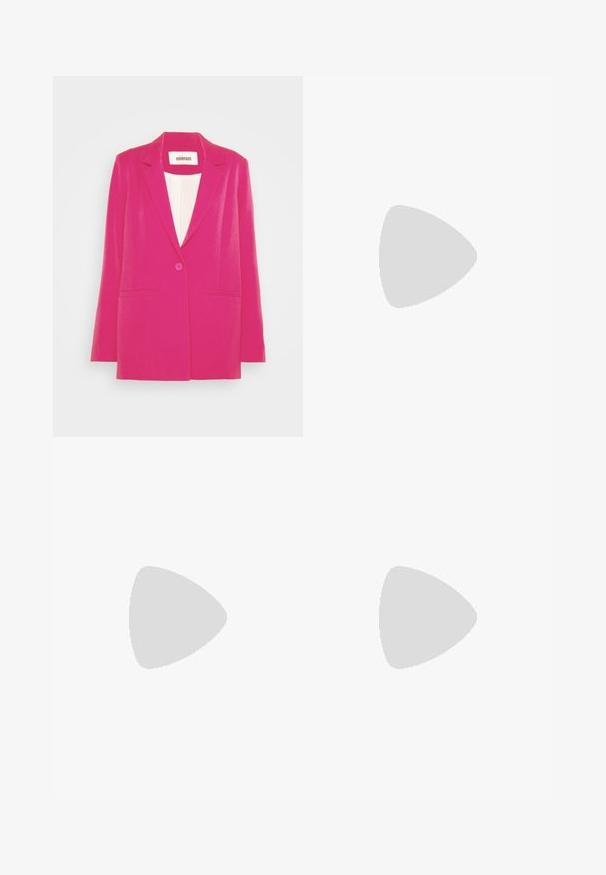 Hot pink blazer with a notched lapel, single button closure, two front pockets, and a smooth texture. Label visible inside.; White cotton t-shirt with short sleeves and a round neckline. Features a small red Levi's logo on the left chest area.; Black denim trousers with a straight cut, five pockets, metal button and rivets, smooth texture, and double-stitched hem.; White platform sneakers with a smooth leather texture, perforated detailing, and flat laces; features a thick white rubber sole.