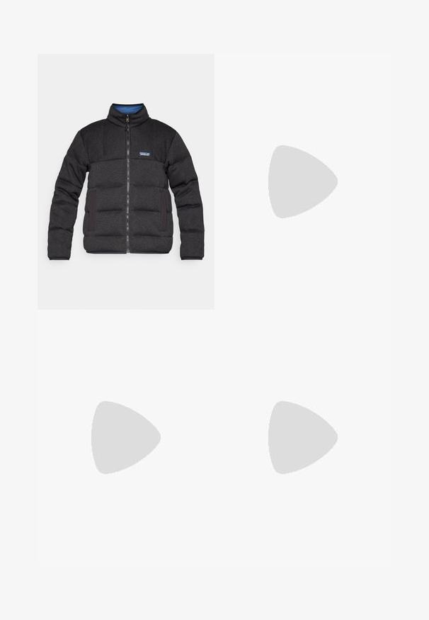 Zwarte gewatteerde jas met een hoge kraag, een frontale rits en een contrasterende blauwe binnenvoering. Heeft zijzakken en een merklogo op de borst.; Grijze T-shirt met korte mouwen, gemaakt van zachte, gestructureerde stof, met een klein blauw Patagonia-logo op de linkerkant van de borst. Geen extra patronen.; Donkergrijze broek van duurzaam materiaal, met een ritssluiting zak, rechte snit en lussen voor een verstelbare pasvorm.; Bruine waterdichte sneakers met een gestructureerde bovenkant, geperforeerde accenten, zwarte hielsteun en een grijze rubberen zool. De veters zijn voorzien van metalen uiteinden.