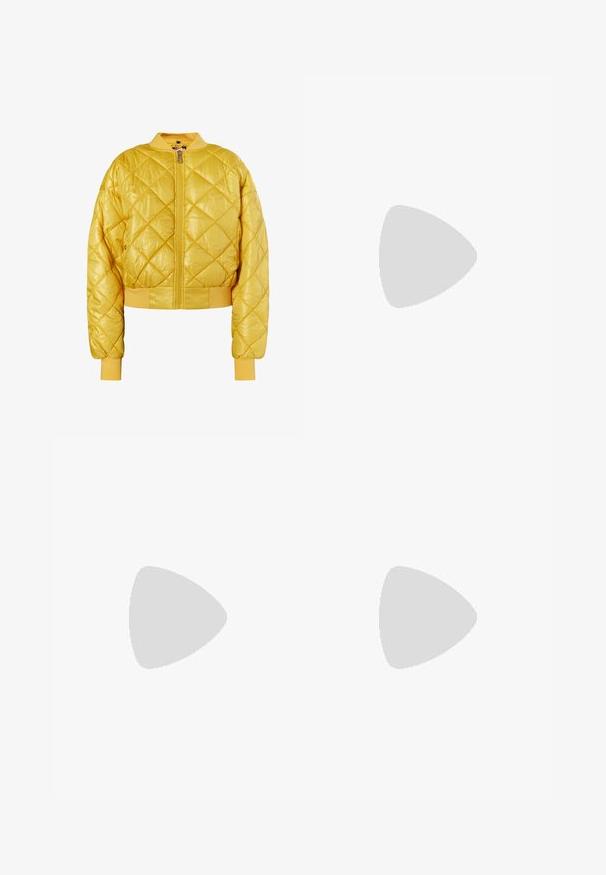 Quilted yellow bomber jacket with a zip front, ribbed collar, and cuffs; shiny fabric with a cropped design and diamond pattern.; Black cotton t-shirt with short sleeves, featuring a small pink butterfly graphic on the left chest. Crew neck design with a relaxed fit.; Light blue flared jeans made of denim, featuring a high waist, five pockets, and a single button closure. Soft texture with faded finish.; Black leather pointy-toe pump with an ankle strap and a chunky heel. Flat texture, sleek design, and minimalistic aesthetics.