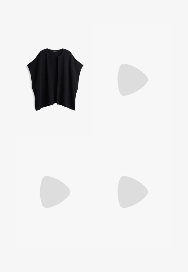 Cardigan en tricot noir avec un devant ouvert, des manches larges et deux boutons sur les côtés. Texture douce et design minimaliste. Aucune motif visible.; Haut froncé turquoise en tissu lisse, avec deux volants superposés le long du bas et un décolleté droit.; Jupe crayon noire froncée avec détail à nouer et fente latérale. Fabriquée à partir d'un tissu extensible, elle présente une texture lisse et une coupe ajustée.; Mules à talons carrés en cuir noir avec un bout ouvert, présentant une surface lisse et un upper légèrement courbé pour le confort et le style.; Lunettes de soleil noires avec des verres gris dégradés, monture carrée surdimensionnée avec des détails dorés aux coins, et branches noires élégantes.; Sac à épaule noir en simili cuir de forme rectangulaire, avec des accessoires en or, une fermeture magnétique et une bandoulière amovible. Détails de surface texturée.