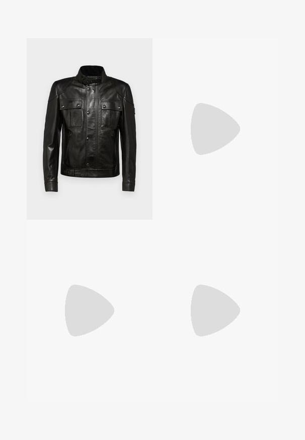 Veste en cuir noir avec un col, deux poches avant et des coutures détaillées. Dispose d'une fermeture éclair sur le côté et d'une ceinture ajustable à la taille.; T-shirt en coton noir avec un col rond, doté d'une finition côtelée blanche et verte, et d'un logo de crocodile vert brodé sur la poitrine gauche.; Pantalons cargo noirs en tissu léger, avec une coupe décontractée, deux grandes poches latérales et une fermeture à bouton.; Baskets Lacoste en gris foncé, en matériau mesh et synthétique, avec une semelle texturée et des accents marron sur le col et le branding.
