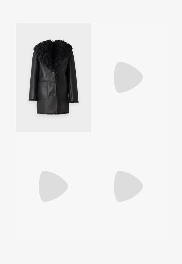 Black leather coat with a faux fur collar, two front pockets, and button closure. Smooth texture, mid-length design.; White sleeveless vest with a fitted design, six round buttons, and two front pockets. Made from a smooth material with a clean finish.; Black trousers with a smooth texture, straight leg design, flat waistband, and no visible hardware or patterns.; Stuart Weitzman EMILIA MARY JANE FLAT - Ankle strap ballet pumps - black