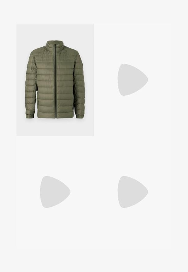 BOSS ODEN - Winter jacket - open green; Long-sleeved white cotton shirt with a round neckline, side slits at the bottom, and a smooth texture, displayed from the back.; Light blue denim jeans with a straight-leg design, five pockets, button closure, minimal fading, and contrasting stitching details.; White sneaker with a smooth leather upper and a low profile. Features a rounded toe, six eyelets, and a textured rubber sole.
