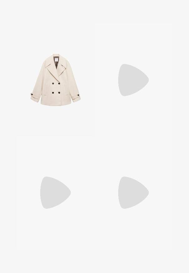 Bež plašč z dvojnim zapenjanjem, izdelan iz mehkega materiala, z širokim ovratnikom, stranskimi žepi in črnimi gumbi. Rokavi dolžine 3/4 z manšetami.; Bela kratka majica s kratkimi rokavi iz bombaža. Ima okroglo izrezovanje in sproščen kroj. Gladka tekstura brez vidnih vzorcev ali poudarkov.; Bele široke hlače iz lahkega materiala, ki imajo elastičen pas in vrvico za prilagajanje. Gladka tekstura.; Rjav semafor športni copat z belimi črtami, okroglo nos, vezalni dizajn in gumijastim podplatom. Tekstura zgornjega dela s šivi.