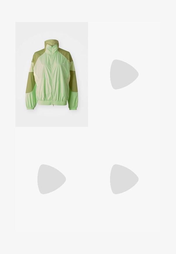 adidas by Stella McCartney TRACKTOP - Training jacket - glow green/halo gold; White athletic shirt with short sleeves, made of smooth, stretch fabric. Features a small black Adidas logo on the chest.; Navy blue wide-leg sweatpants made of soft fabric, featuring an elastic waistband and white “adidas” logo on the side.; adidas Performance PUREBOOST 5 - Road running shoes - white/glow blue/purple burst