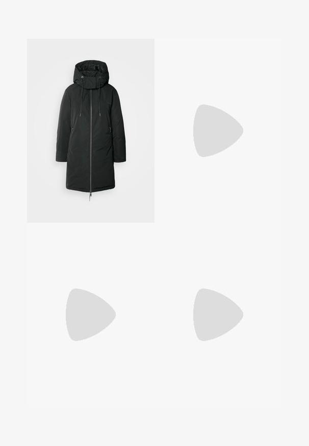 Black padded coat with a high collar, drawstring hood, and front zipper. Features side pockets and a straight cut. Smooth texture.; Black sweatshirt with a crew neck, relaxed fit, dropped shoulders, ribbed cuffs, and a textured fabric. Minimal design with no patterns.; Wide-leg denim trousers featuring a light to dark blue gradient, high waist, belt loops, and a matching fabric belt. Textured denim finish.; Black lace-up sneakers with a chunky sole, featuring smooth leather upper, rounded toe, and distinct layered platform design.