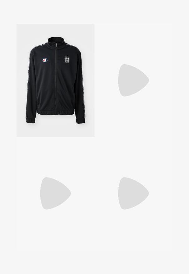 Chaqueta de chándal negra con cuello alto, cierre de cremallera en la parte delantera, rayas laterales y logo en el pecho. Fabricada con un tejido suave y ligero, con puños elásticos.; Camiseta de algodón de cuello redondo en color blanco, con mangas cortas y un pequeño logo bordado en el área del pecho izquierdo. Textura suave.; Pantalones de chándal negros de mezcla de algodón, con una cinturilla elástica y un pequeño logo blanco en el lado izquierdo. Diseño de pierna ajustada.; Zapatillas deportivas blancas con un upper sintético suave, acento del logo en negro y detalles perforados en los laterales. Suela de goma.