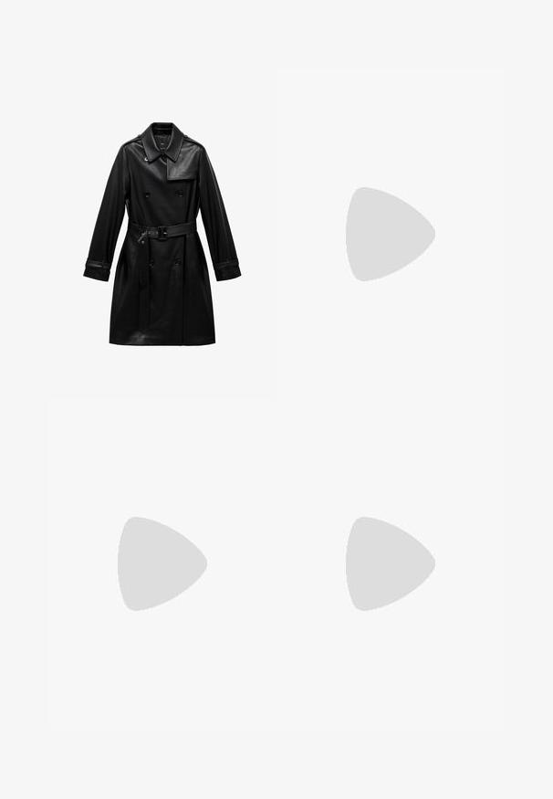 Trench coat de cuero negro con diseño de doble botonadura, amplio cuello, cintura ceñida con cinturón y puños abotonados. Textura suave y silueta elegante.; Vestido negro de manga larga con textura acanalada y silueta ajustada, con escote cuadrado, mangas acampanadas y un sutil detalle en el dobladillo.; Zapatillas negras con un upper de ante y sintético, con tres rayas blancas, suela de goma texturizada y etiqueta de logo azul en la lengüeta.; Gafas de sol negras en forma ovalada con lentes oscuros y montura de plástico brillante. Presenta un logo dorado en la patilla, ofreciendo un diseño elegante y moderno.