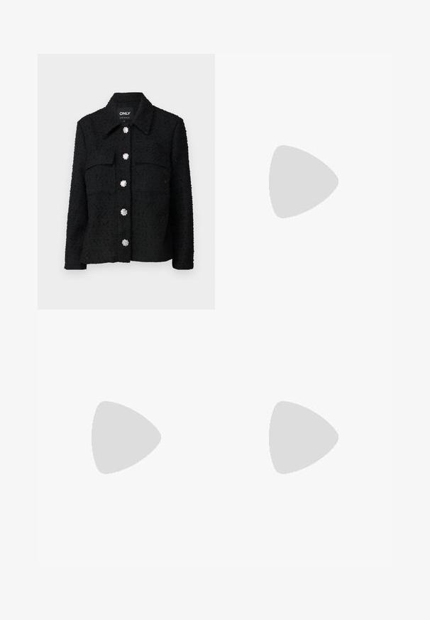 Black woven jacket with a collar, two chest pockets, and three decorative silver flower buttons down the front. Soft texture and tailored fit.; Even&Odd Petite 2 PACK - Top - light grey/black; Slim-fit light blue denim jeans with mid-rise waist, front button, and five-pocket design.; Black leather ankle boot with chunky, ridged sole, lace-up front, and pull tab on smooth white background.; Gold hoop earrings with a smooth, shiny finish. Circular design featuring a small post and clear backing for secure wear.