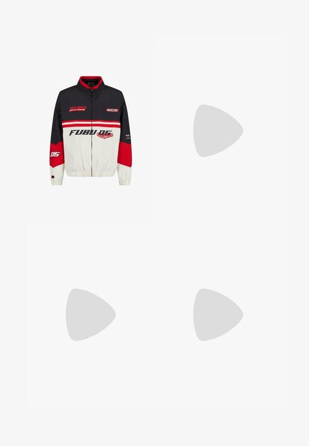 Veste FUBU avec une combinaison de couleurs noire, rouge et blanche. Fabriquée en matériau léger avec fermeture éclair, poignets élastiques et texte de logo audacieux.; T-shirt en coton blanc à manches courtes et col rond. Présente un petit logo Nike subtil sur la poitrine et une étiquette sur le côté.; Pantalons en denim noir avec une coupe droite, dotés d'une fermeture à bouton et à zip, de passants de ceinture et de coutures minimales.; Baskets en maille blanches avec des accents gris, bout rond, et semelle rembourrée visible avec des poches d'air circulaires et un détail de marque.