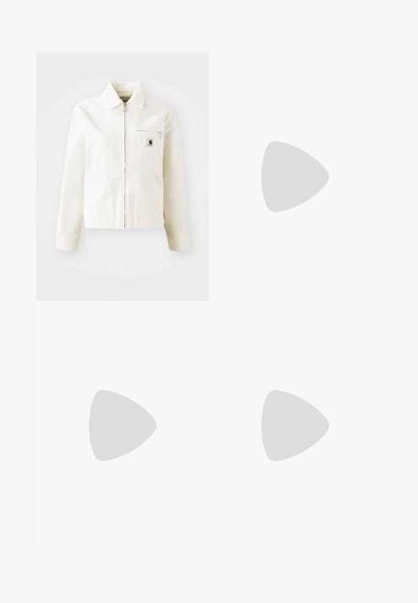 White jacket made of cotton with a zip front, pointed collar, and side pockets. Features a small logo patch on the chest and long sleeves.; Black T-shirt made of cotton with short sleeves. Features a white spider web graphic and logo on the front. Simple rounded neckline.; Black trousers with a straight-leg design, made of a textured fabric. Features decorative silver hardware and unique seam detailing.; Black low-top sneaker with textured sole, lace-up design, suede panels, and patterned accents on heel and side logo.