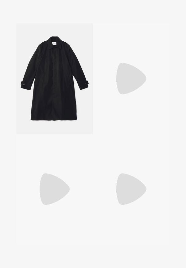 Manteau noir en trench de tissu lisse, doté d'un col classique, de deux poches latérales et de poignets boutonnés pour un ajustement réglable.; T-shirt blanc en coton à manches courtes, col rond, avec un petit graphique portant l'inscription "LA VILLE LUMIÈRE" en noir et rouge dans le dos, en haut.; Jean noir à jambes droites avec des coutures oranges, design à cinq poches, passants de ceinture, et fermeture par bouton et zip à l'avant.; Baskets blanches de sport avec un dessus en maille texturée, des lacets plats et une semelle rembourrée avec des chambres à air visibles pour un soutien supplémentaire.