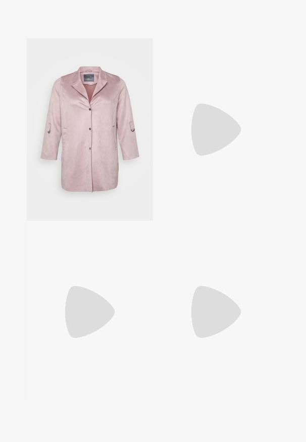 Veste en velours rose clair, douce, avec un col châle, fermeture à boutons et poches latérales. Manches trois-quarts avec détail de poignet ajustable.; Trois T-shirts ajustés en blanc, gris et noir. Chacun présente un décolleté large et des manches courtes. Fabriqués en tissu lisse et extensible.; Pantalon évasé noir en tissu extensible, présentant une taille haute et une texture lisse. Le pantalon s'élargit à partir du genou.; Baskets montantes en toile noire avec semelles et lacets en caoutchouc blanc. Elles présentent un logo circulaire sur le côté et un contraste de coutures blanches.