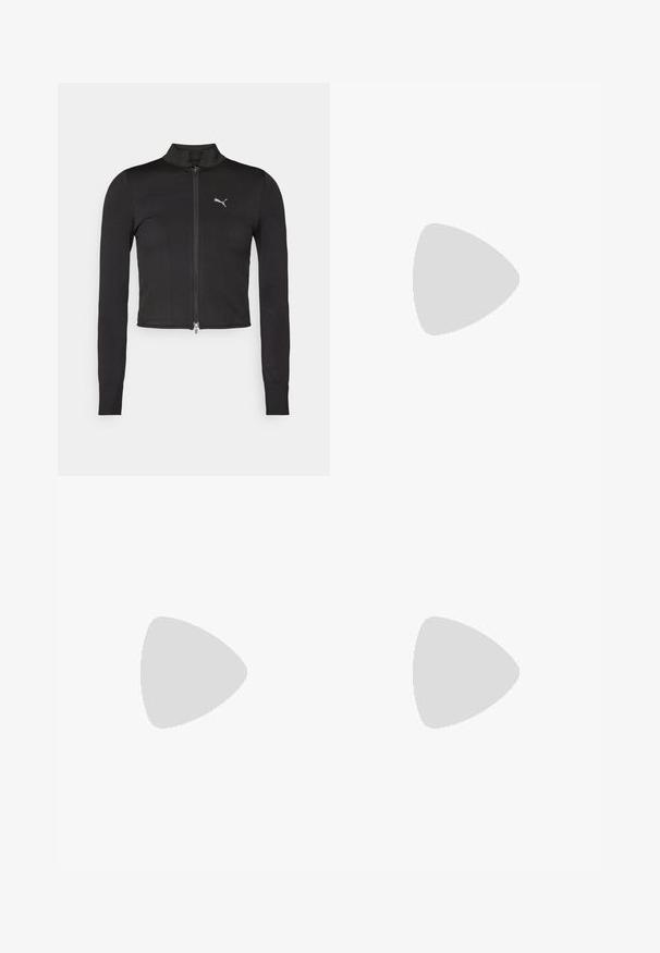 Puma PAMELA REIF JACKET	 - Jakna za treniranje - black; Crna dukserica s patentnim zatvaračem, izrađena od mekanog materijala, s prednjim džepom, kapuljačom s vezicom i bijelim Puma logotipom na lijevoj strani prsnog područja.; Dva uska krojena topa s kratkim rukavima: jedan crni i jedan boja pijeska. Oboje imaju kvadratni izrez i rebrastu teksturu, s glatkom završnom obradom.; Crne trenirke napravljene od mekog materijala, sa elastičnim pojasom i vezicom te rebrastim manžetama. Bijeli logotip sa strane.; Crna atletska cipela s teksturiranim gornjim dijelom, elastičnim trakama i debelim bijelim potplatom. Ima sivi akcent uz potplat.