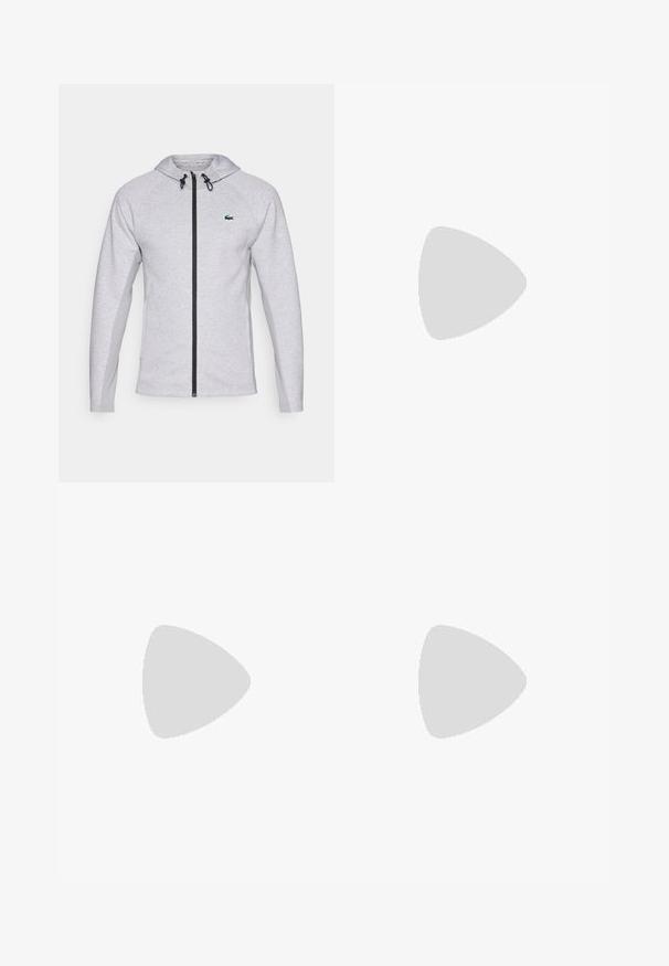 Pelēka kapuce ar rāvējslēdzēju, kurai ir melns rāvējslēdzējs un aukla. Tekstūrēti sānu paneļi un zaļa logo uz krūškurvja pilnveido dizainu.; adidas Performance ADIZERO RETRO - Sporta krekli - white; adidas Performance TENNIS ERGO - Sporta šorti - white; adidas Performance ADIZERO SL2 - Apavi skriešanai pa asfaltu - footwear white/core black/lucid red