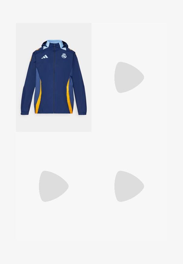 Tumesinine lukuga jope kapuutsiga, millel on kollased ja helesinised aktsendid, tikandiga logo ja elastsed mansetid reguleeritava sobivuse jaoks.; Valge sportlik T-särk lühikeste varrukatega, valmistatud niiskust eemaldavast kangast. Ees on must logo vasakul rinnal ja soe mustriline kaelaosa.; Mustad spordipüksid kitsenevate säärtega, kummipaelaga vöökohal, küljetaskutega ning valge logoga ja triipudega. Valmistatud siledast, kerge kaaluga materjalist.; Kerged jooksujalatsid helesinises värvuses mustade triipudega. Omavad siledat pealispinda, ümarat varvase osa ja paksu valget vahemõõtu, millel on silt "LIGHTSTRIKE PRO".