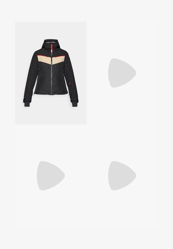 Svart isolerad jacka med en beige och röd chevron-design. Har en huva, framdragkedja och sidofickor. Mjuk tygkänsla.; Svart långärmad t-shirt i bomull med rund hals. Har en liten vit logotyp på vänster bröstområde. Enkelt design och passform.; Svarta nylonbyxor med avtagbara ben, justerbara muddar, flera fickor och en logotyp på högra benet. Slät, lätt textur.; Beige och krämfärgad atletisk sko med texturerad meshovandel, stöttande överdrag och gummisulor med ett mönster för grepp.