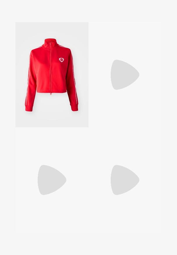 Red zip-up jacket with a high collar, white side stripes, and a heart logo on the left chest. Made from a smooth, stretchy fabric.; Cream short-sleeve T-shirt made of cotton, featuring a round neckline and a printed Nike logo in contrasting light grey on the chest.; White wide-leg athletic pants with a ribbed waistband and subtle logo detail. Smooth fabric with a relaxed fit and tapered hem.; White leather sneakers with yellow and lavender accents, round toe, flat laces, and textured rubber sole. Worn with white socks.