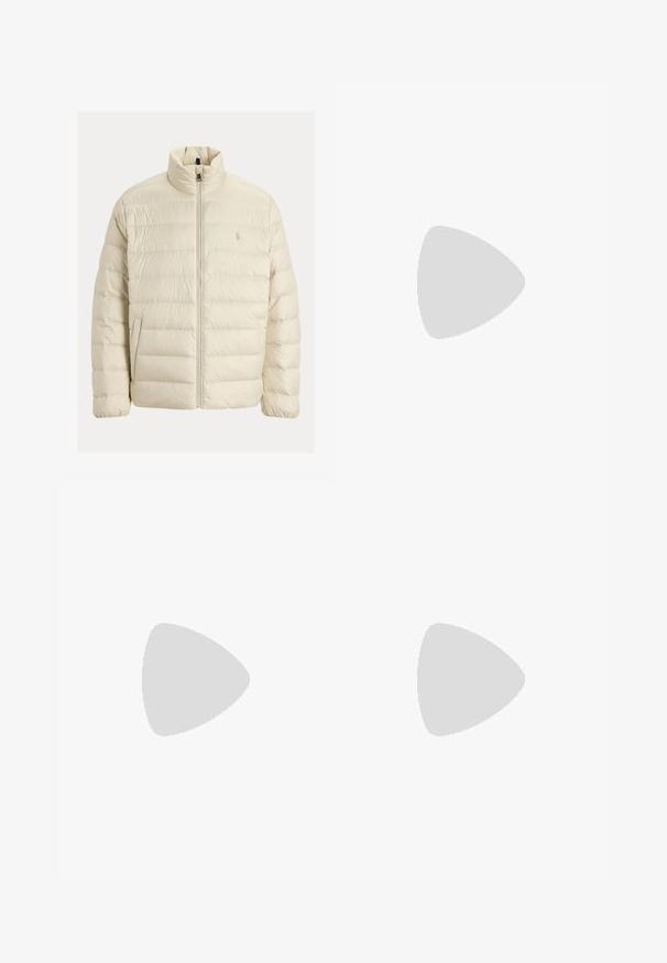 Puffer jacket in cream color, made of quilted material. Features a high collar, front zipper, and tonal logo on the chest.; White long-sleeve T-shirt made of cotton. Features a round neckline, ribbed cuffs, and a small navy blue polo logo on the left chest.; Beige cotton chinos with a flat front, belt loops, and side pockets. Straight-leg design with a smooth texture and a light, breathable feel.; White leather sneakers, low-top design, featuring a smooth texture, round toe, laced front, and a small embroidered logo on the side.
