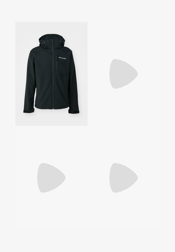 Columbia CASCADE RIDGE™ - Outdoor jacket - black; Black short-sleeve t-shirt made of cotton, featuring a round neckline and a small white logo on the upper left chest area.; The North Face MOUNTAIN ATHLETICS WIND PANT - Outdoor trousers - black; The North Face OFFTRAIL VERSA - Hiking shoes - black/white