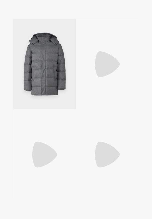 Brave Soul HESTON - Chaqueta de invierno - grey; Camiseta blanca de manga corta en textura acanalada. Cuello redondo, corte relajado, sin patrones ni acentos visibles. Diseño simple y versátil.; Pantalones de lounge beige con cinturilla elástica y cordón, que presentan un diseño de pierna recta y una textura suave y lisa.; Zapatilla de cuero blanca con una superficie lisa, punta redonda y cordones blancos planos. Presenta una suela de goma texturizada y elementos de diseño mínimos.