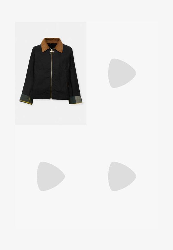 Black jacket with a brown corduroy collar, gold zipper, and plaid cuffs featuring green and yellow accents. Casual design with side pockets.; White sleeveless top made of ribbed fabric, featuring a round neckline and a fitted silhouette. Smooth texture, no visible patterns or accents.; Black wide-leg trousers made of smooth fabric, featuring a high waist, belt loops, and two front pockets. Pleated design adds texture.; Black leather ankle boot with a pointed toe, high block heel, and silver toe cap detail. Smooth texture and simple design.; Black leather handbag with a gathered top design, featuring two short handles and a long adjustable strap. Smooth texture, rounded shape.