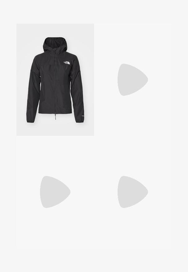 Veste imperméable noire avec fermeture éclair intégrale, capuche ajustable et poignets élastiques. Présente un logo sur la poitrine et une texture légère et lisse.; T-shirt noir à manches longues en coton avec un col rond. Présente un petit logo blanc sur la partie gauche de la poitrine. Design et coupe simples.; Pantalons cargo en nylon noir, à zip amovible, avec chevilles ajustables, plusieurs poches et un logo sur la jambe droite. Texture lisse et légère.; Baskets de sport beiges et crème avec une tige en mesh texturé, des superpositions de soutien et une semelle en caoutchouc dotée d'un motif de crampons pour une traction.