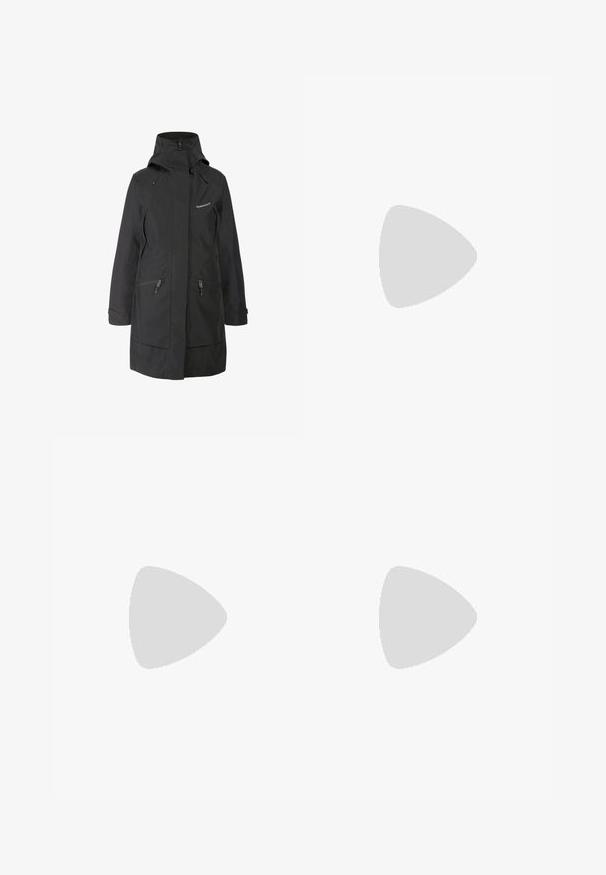 Fekete vízálló dzseki magas gallérral, állítható kapucnival, két oldalsó cipzáros zsebbel és logóval a mellrészen. Sima textúra, testre szabott szabás.; The North Face SHADOW LONG SLEEVE - Hosszú ujjú felső - black; Fekete outdoor nadrág szürke részletekkel, testhez simuló fazonnal, elasztikus derékrésszel, cipzáras zsebekkel és tartós, könnyű anyaggal.; Könnyű Columbia sportcipő fehér hálóból, texturált szürke talppal és gumis csúszásmentes betéttel. Jellemzője a párnázott gallér és a fűzős kialakítás.