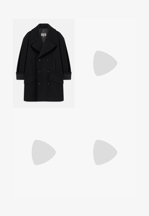 Double-breasted black coat in wool blend, featuring large lapels, two front pockets, and glossy black buttons, with leather accents on cuffs.; Black cotton t-shirts in a relaxed fit, featuring short sleeves and a round neckline. Two pieces shown, with a smooth texture.; Black denim wide-leg trousers with a high waist, front pockets, and a button closure. Smooth texture with subtle stitching details.; Black athletic shoes with synthetic material, mesh accents, and rounded soles. Features lacing system and prominent Nike logo on tongue.; Black, soft leather bag with a unique twisted design. Features a short handle and a detachable shoulder strap. Minimalist style.