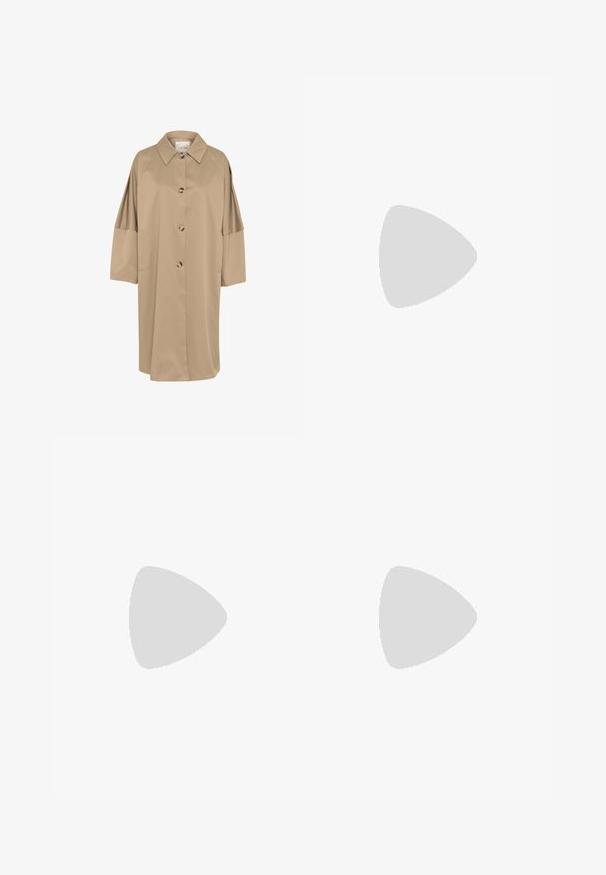 Cream CRTHURA OVERSIZE  - Trenchcoat - kelp; Nike Sportswear TANK - Top - birch heather/light orewood brown; Bershka BAGGY - Jeans Shorts - dark blue; Anna Field Cowboy-/Bikerboot - cognac; Even&Odd Sonnenbrille - brown; Pilgrim MADDIE CHUNKY HOOP EARRINGS - Ohrringe - gold-coloured