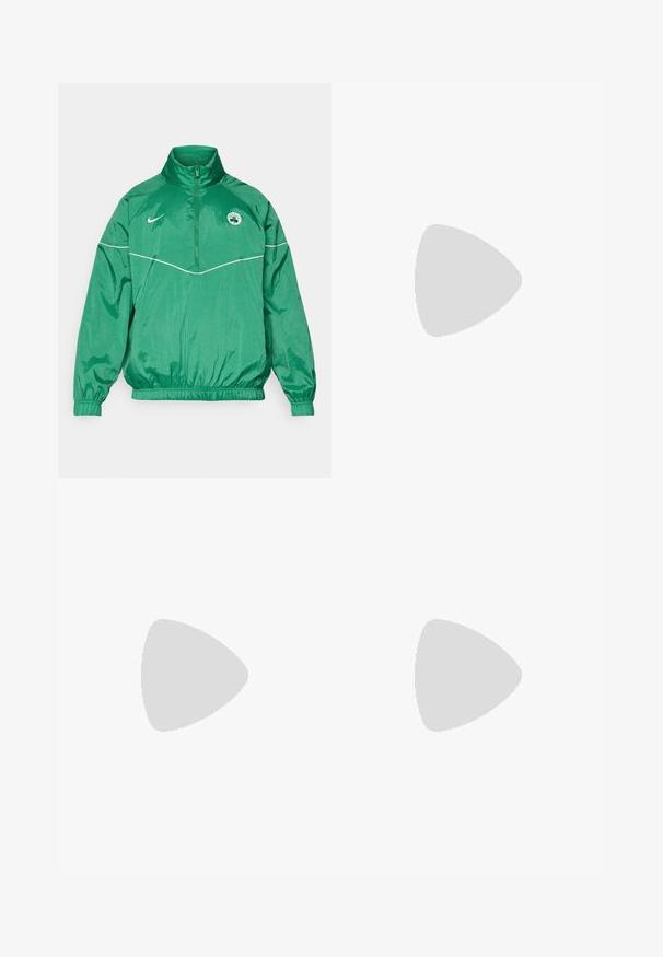 Grön nylonjacket med hög krage, dragkedja fram, elastiska ärmslut och midja, med vit accent och en logotyp på bröstet.; Svart Nike löpeshirt i lätt, andningsbart material, med korta ärmar och en liten vit logotyp på bröstet.; Svarta träningsbyxor i slät tyg, med elastisk midja, avsmalnande ben och en liten vit logotyp på vänster sida.; Svarta träningsskor med en texturerad ovandel, vit Nike-logga och en vit gummisula. Har snörningsdesign och en dynamisk form.