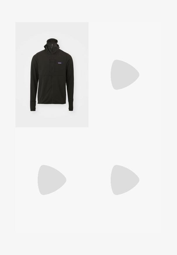 Črna zip-up jakna z visokim ovratnikom, mehkega haptike, dolgimi rokavi in nastavljivimi vrvicami. Ima manjši logotip na prsih.; Siva majica s kratkimi rokavi iz mehkega, strukturiranega blaga, na levi strani prsnega dela z majhnim modrim logotipom Patagonia. Brez dodatnih vzorcev.; Temno sivi hlače iz trpežnega materiala, ki vsebujejo žep na zadrgo, ravno krojenje in zanke za pas za prilagodljivo prileganje.; Rjave vodoodporne superge z teksturiranim zgornjim delom, perforiranimi detajli, črno podporo za peto in sivo gumijasto podlogo. Šnure imajo metalne konice.