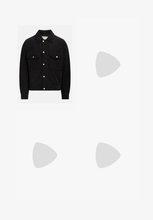 Black corduroy jacket with a pointed collar, two buttoned chest pockets, and snap fasteners at the front and cuffs. Textured fabric.; Two short-sleeve shirts: one solid black, one white with black vertical stripes. Both feature button closures and a classic collar.; Light grey denim pants with a straight-leg design, five-pocket styling, and a button closure. Visible stitching along the seams.; Black leather loafers with a rounded toe, featuring a stitched design, low platform sole, and a textured, lugged rubber outsole.