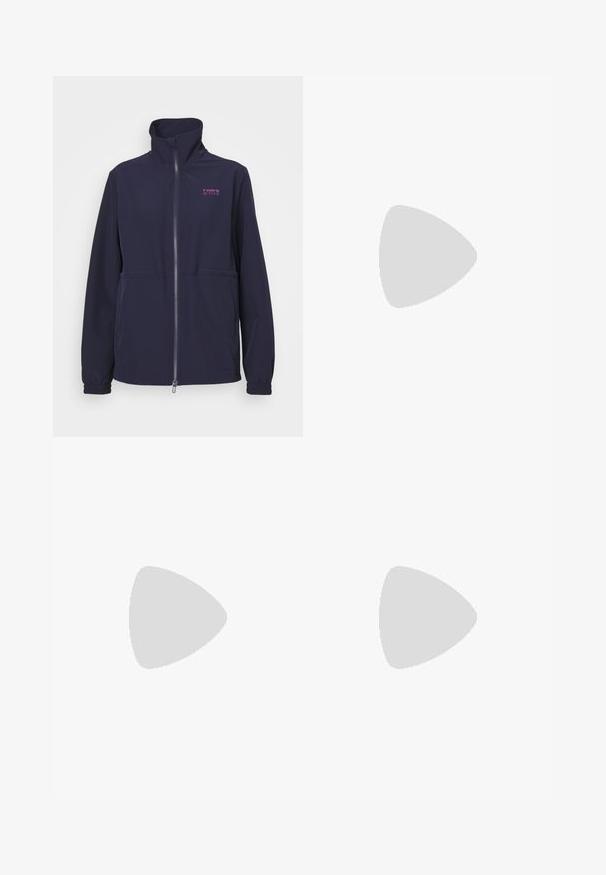 Navy jacket made of lightweight fabric, features a high collar, full-length zipper, and elasticized cuffs with two front pockets and a logo.; White sleeveless athletic top with a round neck, smooth texture, and subtle tonal logo on the chest. Straight hemline at the waist.; Black high-waisted leggings featuring a smooth, stretchy material and a small white Adidas logo on the left hip.; Under Armour DYNAMIC 2 - Training shoe - white/distant gray