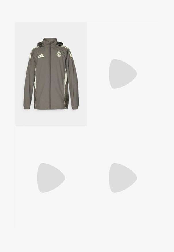 Grå vandtæt jakke med hætte, lysegrønne detaljer, lynlåslukning og broderet logo. Har sidelommer og elastiske manchetter.; Lys grøn kortærmet trøje med grå detaljer, sort logo og striber. Lavet af åndbart materiale, designet til sportsbeklædning.; Grå træningsbukser med elastisk talje, med en tekstureret overflade og kontrasterende grønne sidetryk. Inkluderer et logo-design.; Sorte atletiksko med en tekstureret mesh-overdel, hvide accentstriber, en polstret sål og en forstærket hæl for støtte.