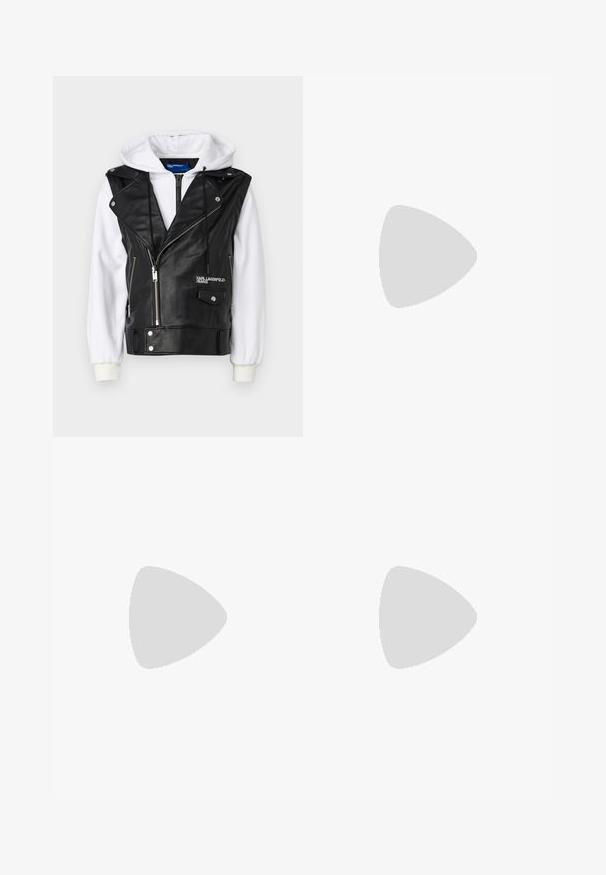 Black faux leather vest with white hoodie sleeves, zippered front, and pockets. Features a pointed collar and logo detailing on the chest.; Blue cotton t-shirt with a round neckline, short sleeves, featuring a black square pocket with white logo text. Smooth texture.; Black cargo pants made of durable fabric, featuring a straight leg design, side pockets, and a button closure.; Black leather men's loafer with a metal buckle detail, low heel, and branded sole, shown from the side on a white background.